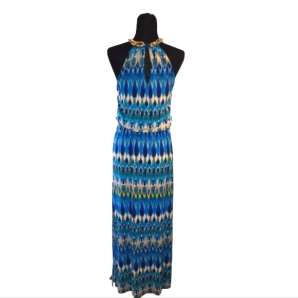 NEW Dress Barn Blue Patterned Maxi Dress w/Gold Chain Accent Collar Size: 6 - Picture 4 of 9